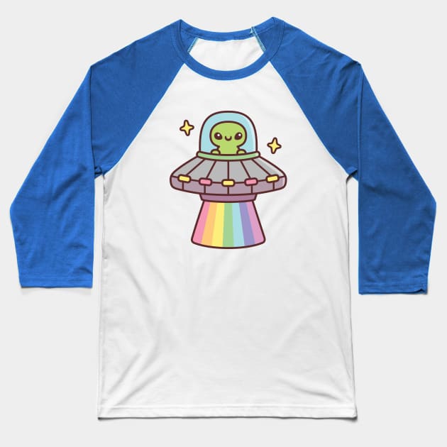 Cute Alien In UFO Spaceship With Rainbow Ray Baseball T-Shirt by rustydoodle